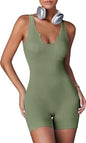 Fisoew Womens One Piece Jumpsuits Racer Back Ribbed U Neck Padded Unitard Backless Tummy Control Bodycon Yoga Romper