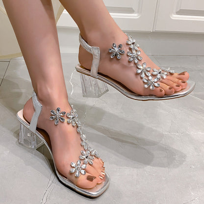 Fashion Flowers Sandals With Transparent High Square Heels Summer Square Toe Shoes For Women